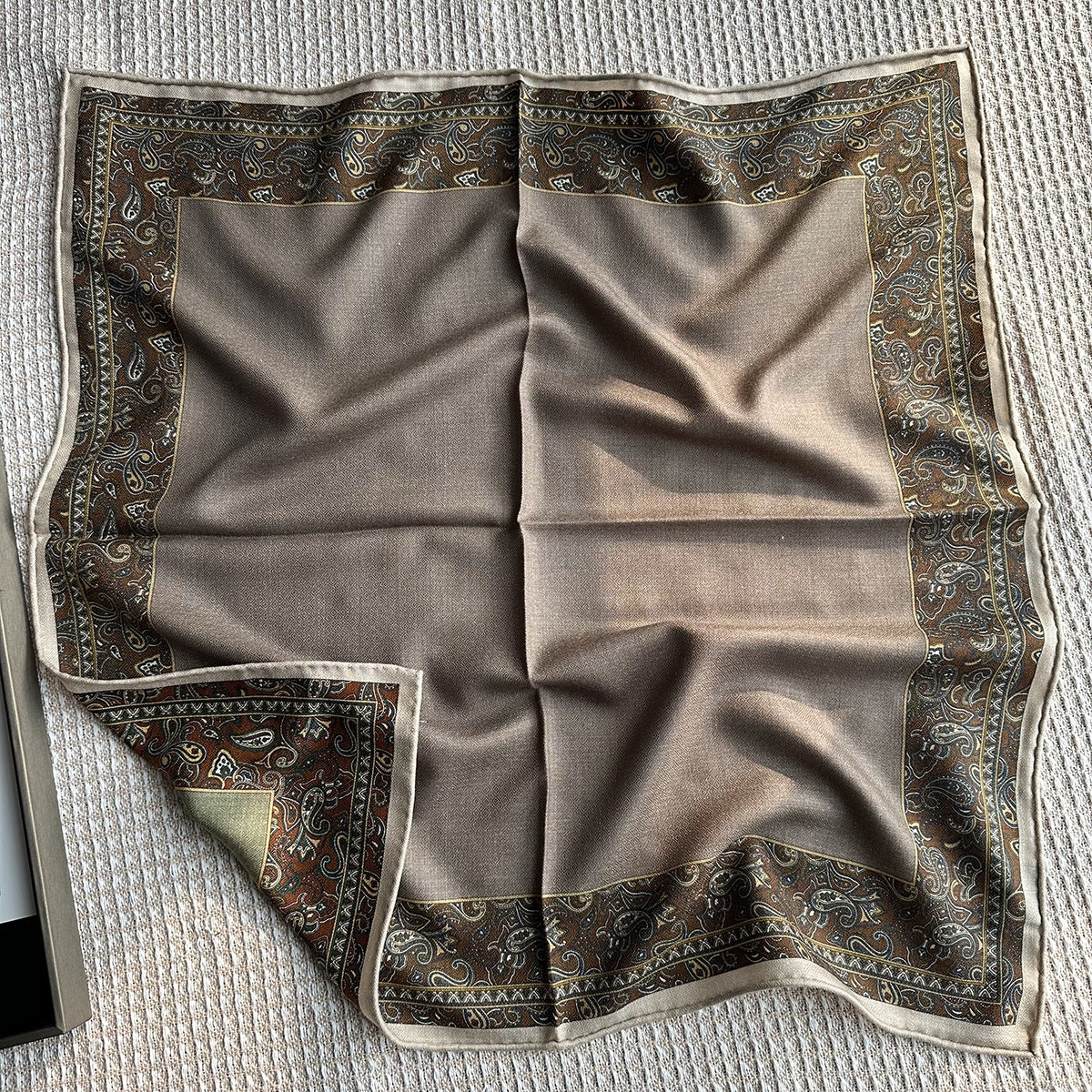 Wildfool silk wool scarf in camel-khaki with refined paisley border — full flat lay