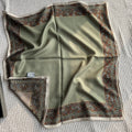Close-up of deep brown and olive-green paisley kashmir border detail on Wildfool scarf