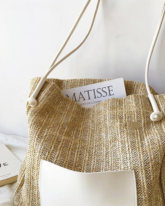 Wildfool Woven Tote and Crossbody Set in Black - Front View - Hand-Woven Straw, Mother-Child Design, Magnetic Closure