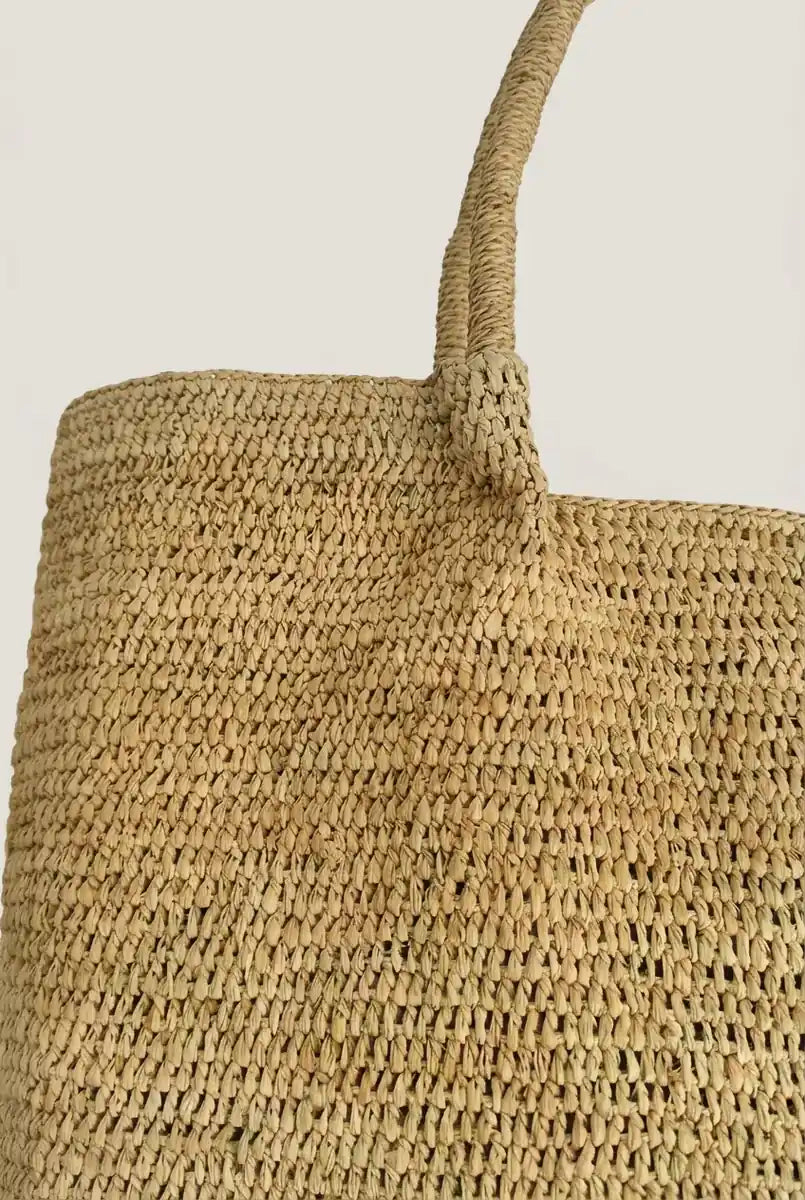 Hand-braided raffia rolled handle close-up, made by women in Laizhou