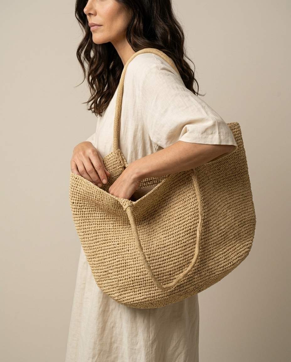 Reaching into The Florence large raffia tote, showing spacious capacity for daily use