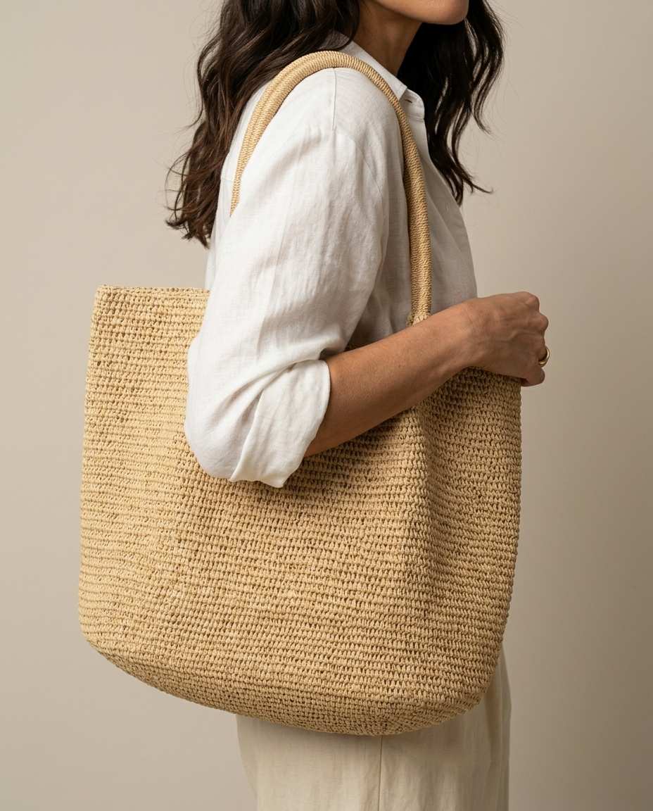 Woman carrying The Florence raffia tote on shoulder, white shirt and cream linen trousers