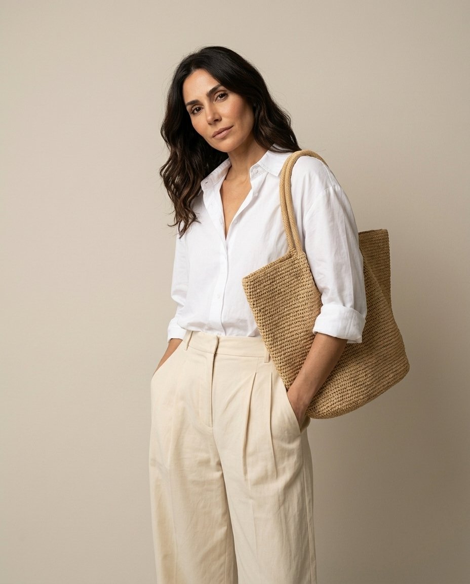 Quiet luxury styling with The Florence raffia tote, white shirt and pleated cream trousers