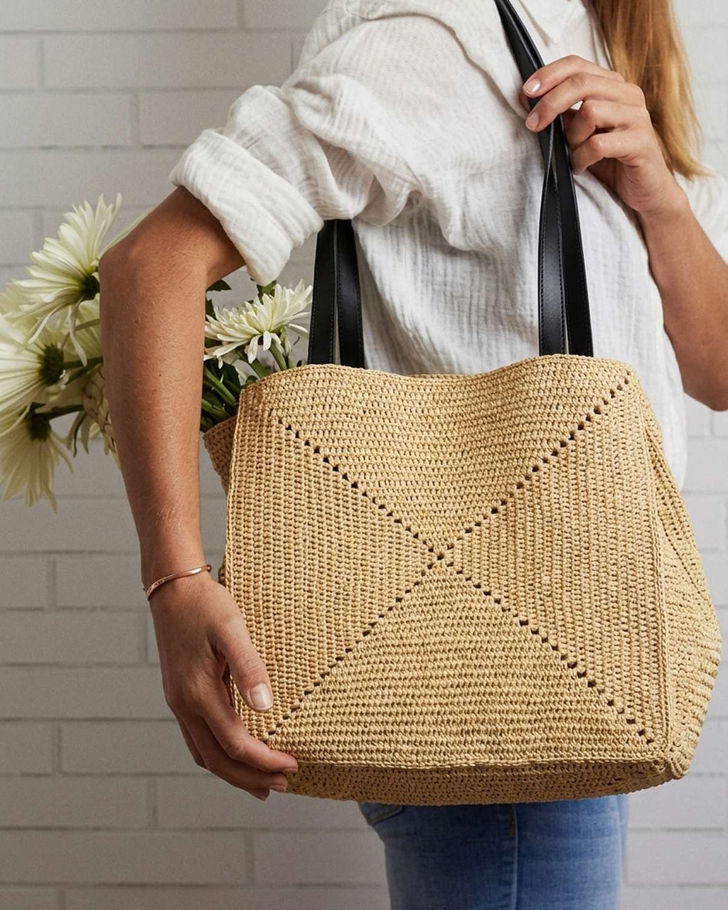 The Grand Market Tote - Natural · Black Strap, shoulder carry with daisies