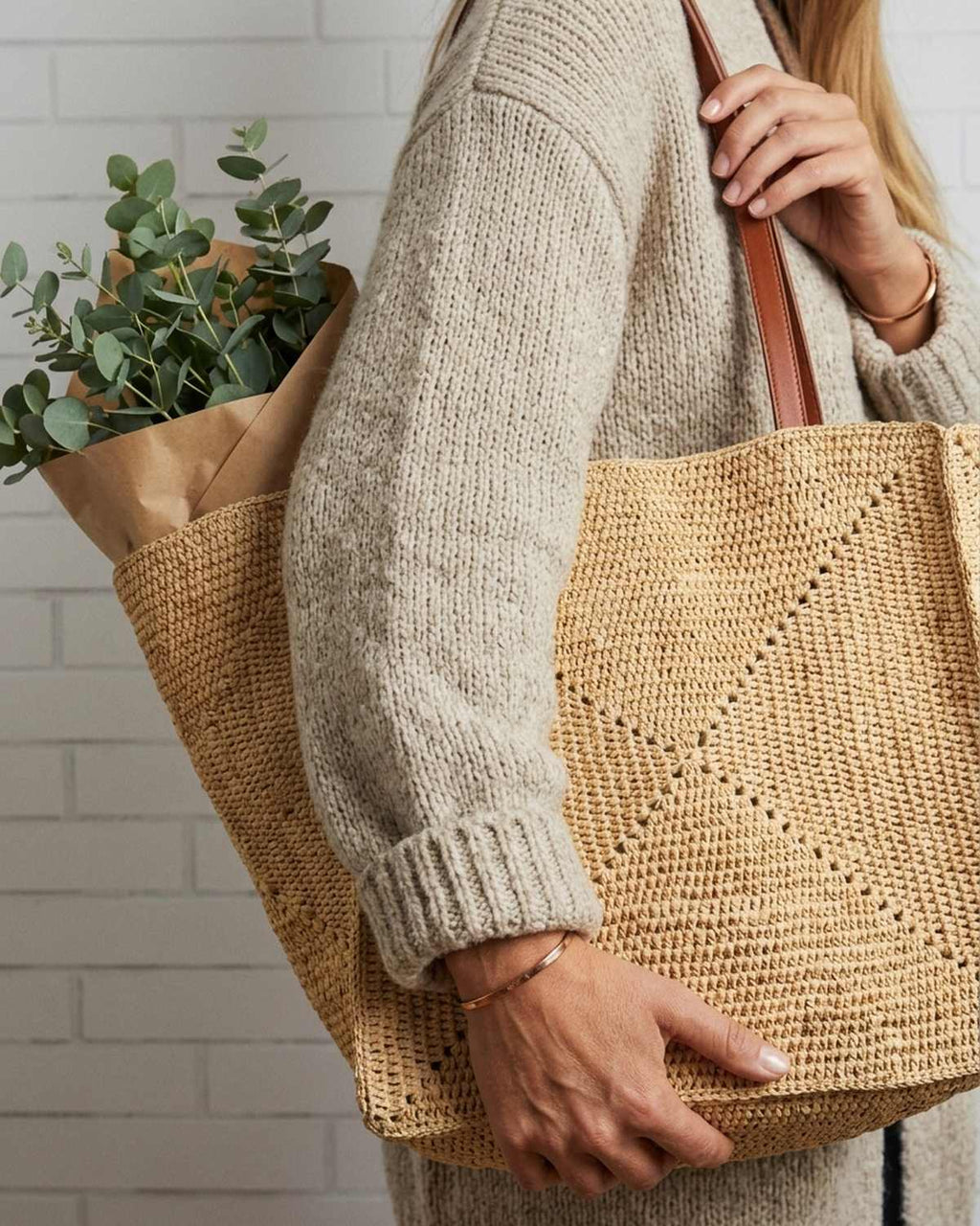 The Grand Market Tote - Natural · Brown Strap, knit cardigan