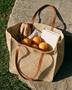 The Grand Market Tote - Natural · Brown Strap, picnic top view