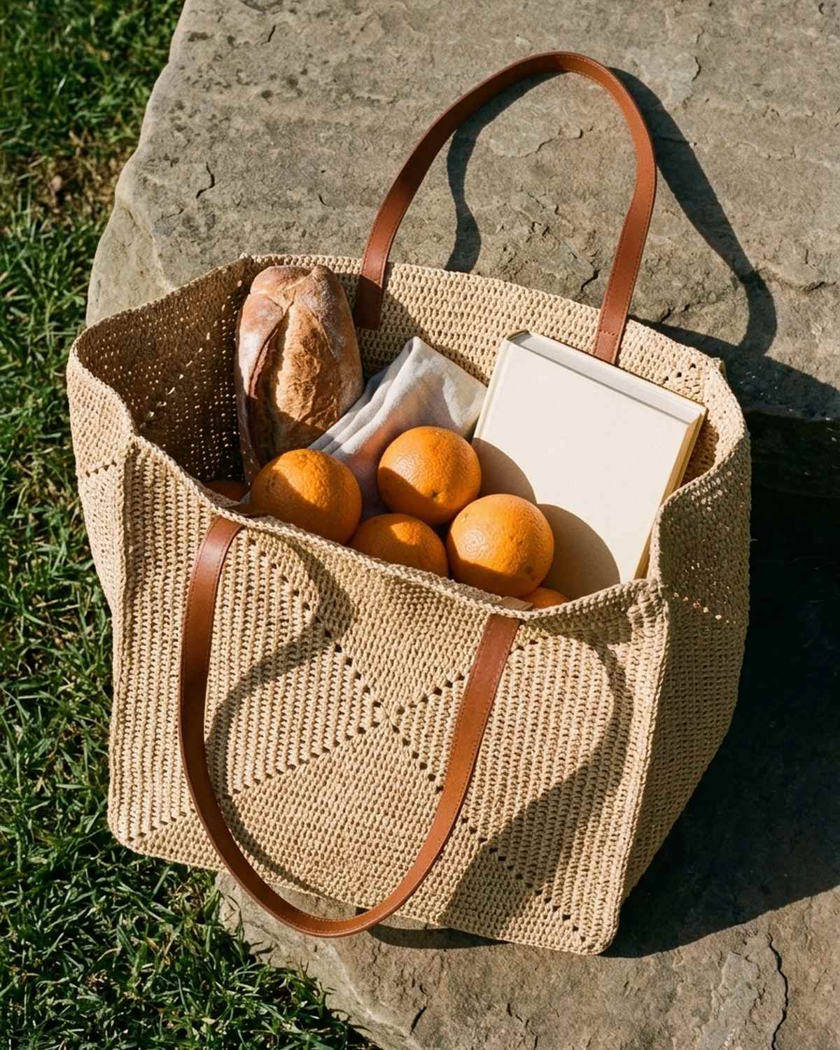 The Grand Market Tote - Natural · Brown Strap, picnic top view