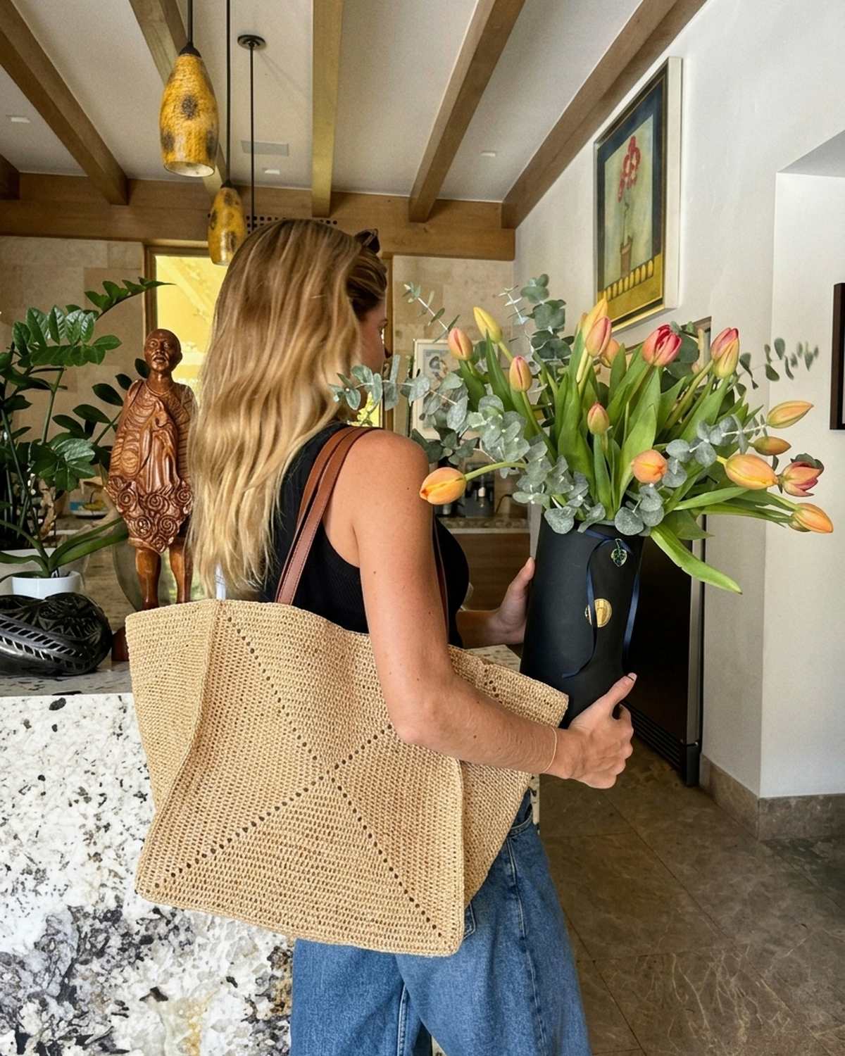 The Grand Market Tote - Natural · Brown Strap, carried indoors with tulips
