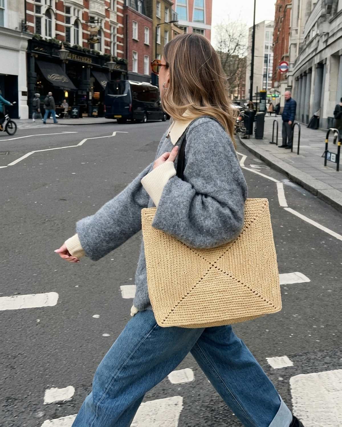 The Grand Market Tote - Natural · Black Strap, street crossing
