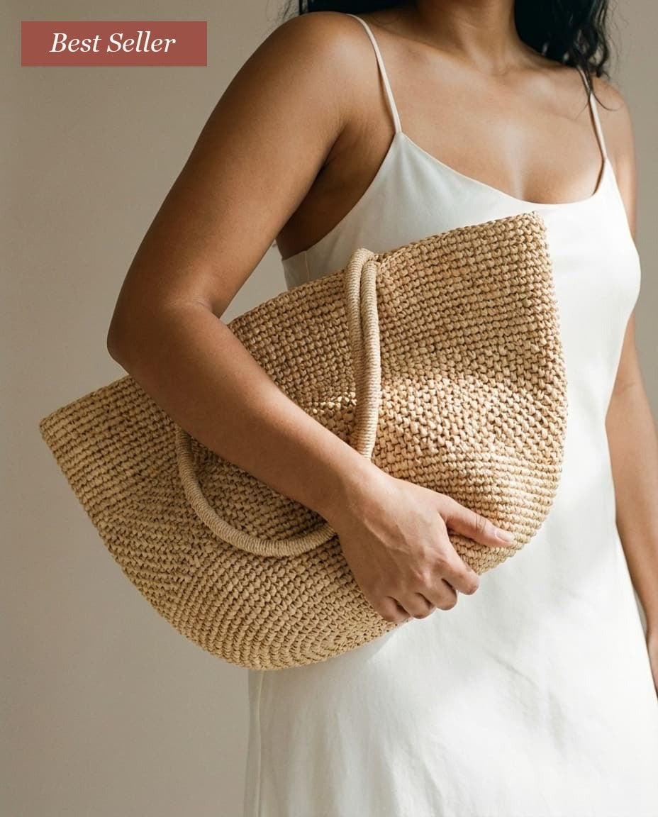 Wildfool The Hand-Woven Raffia Market Tote �� best seller badge, hand-woven natural raffia