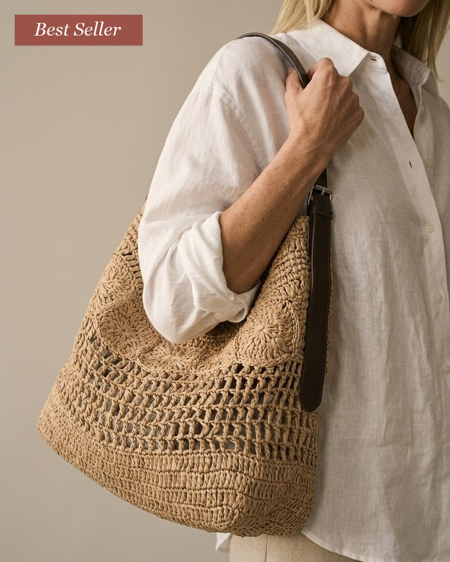 Wildfool The Hollow-Weave Tote �� best seller badge, hand-woven straw with leather strap