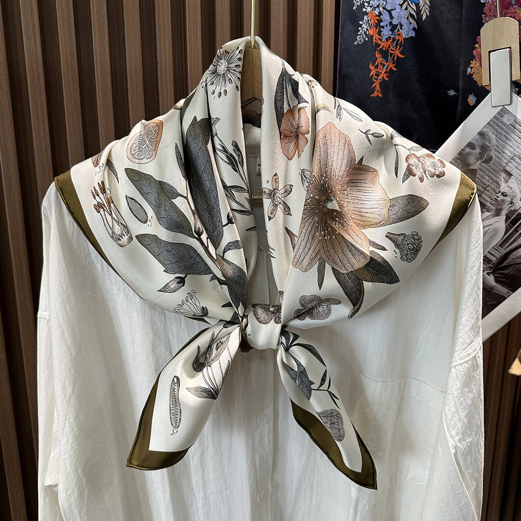 Hand-rolled edge detail on Wildfool 90cm botanical print mulberry silk scarf