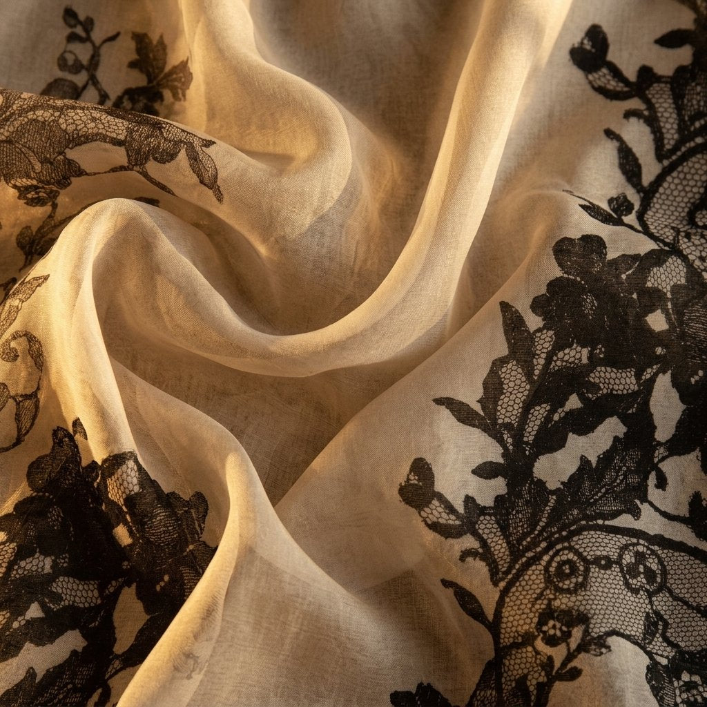 Wildfool silk chiffon scarf with lace floral print — held to light showing transparency