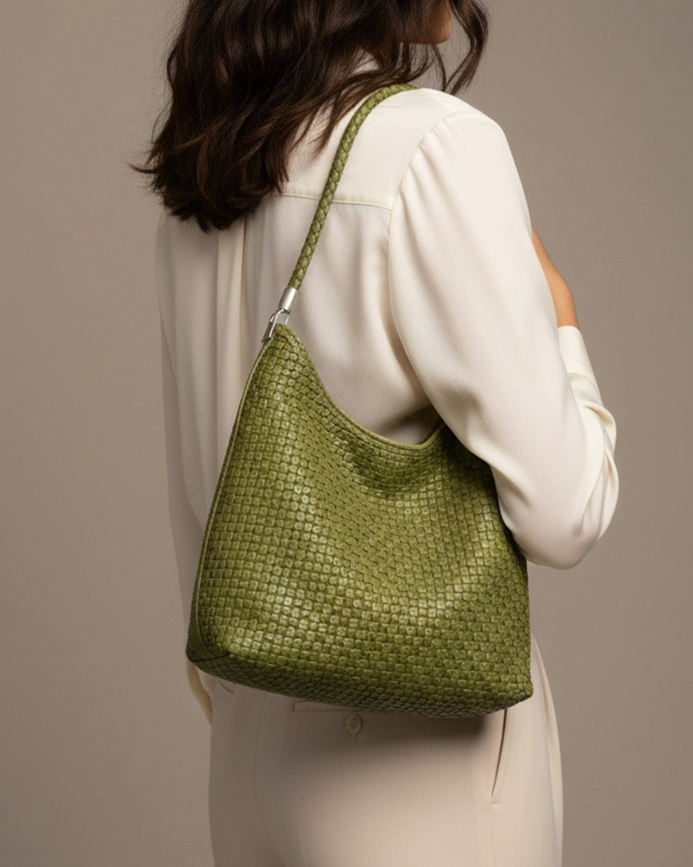The Sage Woven Leather Bag - Olive