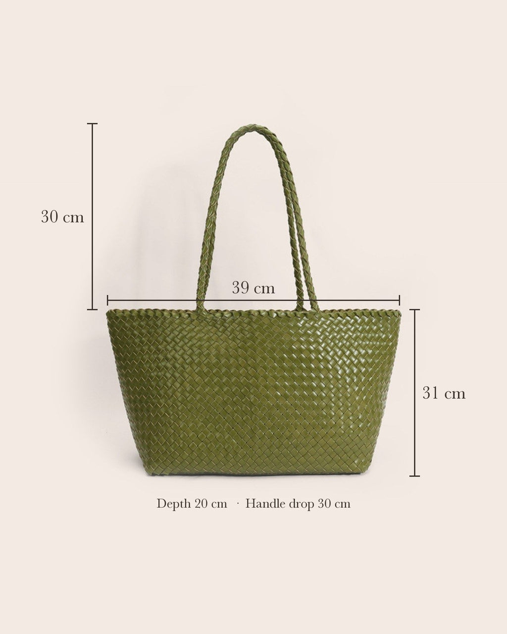 The Heritage Woven Leather Tote dimensions: about 39 cm wide, 31 cm tall, 20 cm deep, 30 cm handle drop