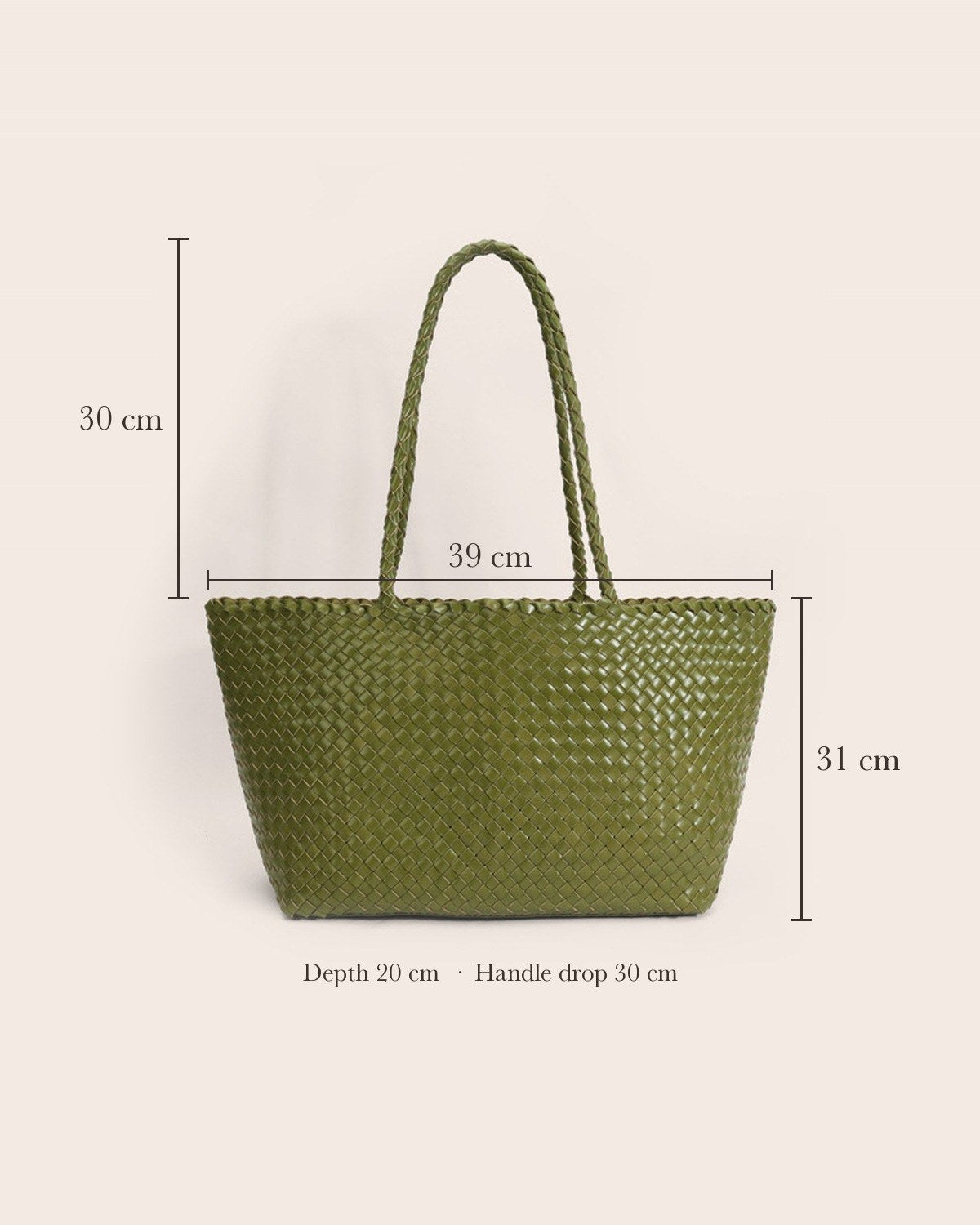 The Heritage Woven Leather Tote dimensions: about 39 cm wide, 31 cm tall, 20 cm deep, 30 cm handle drop