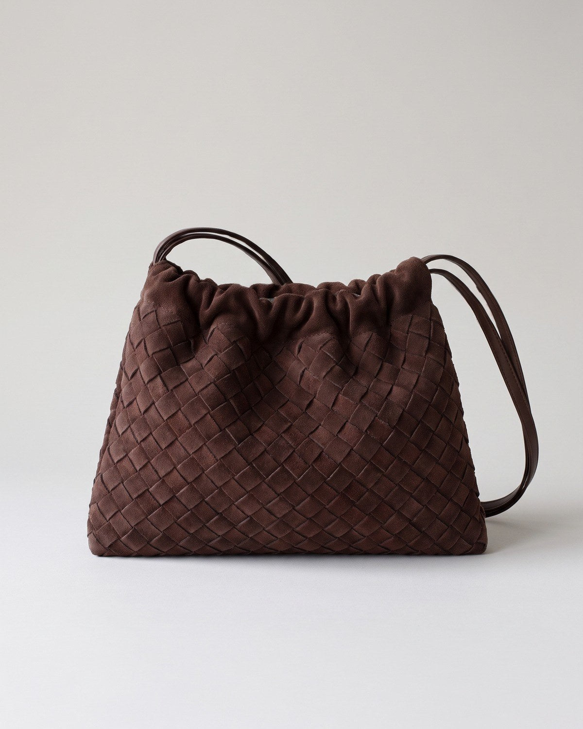 Wildfool The Mantova Drawstring Pouch in Espresso, espresso brown woven suede-finish slouchy pouch