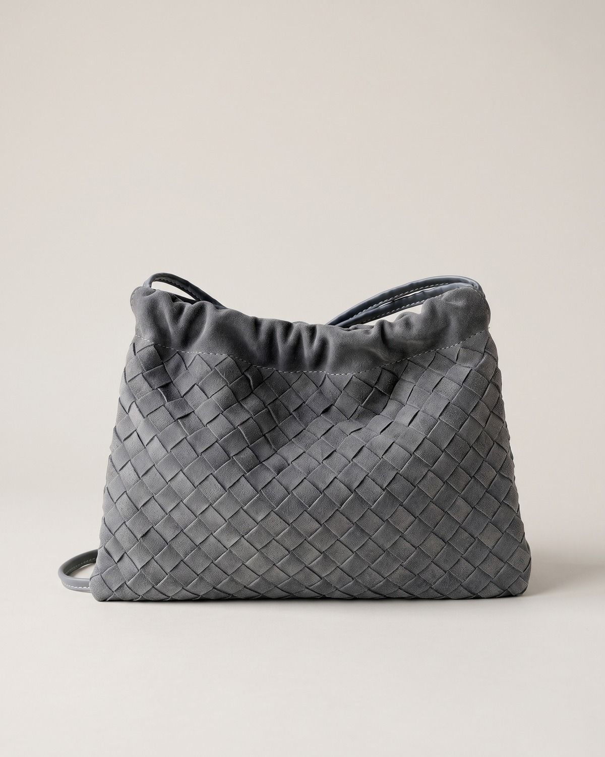 Wildfool The Mantova Drawstring Pouch in Grey, grey woven suede-finish cowhide drawstring pouch