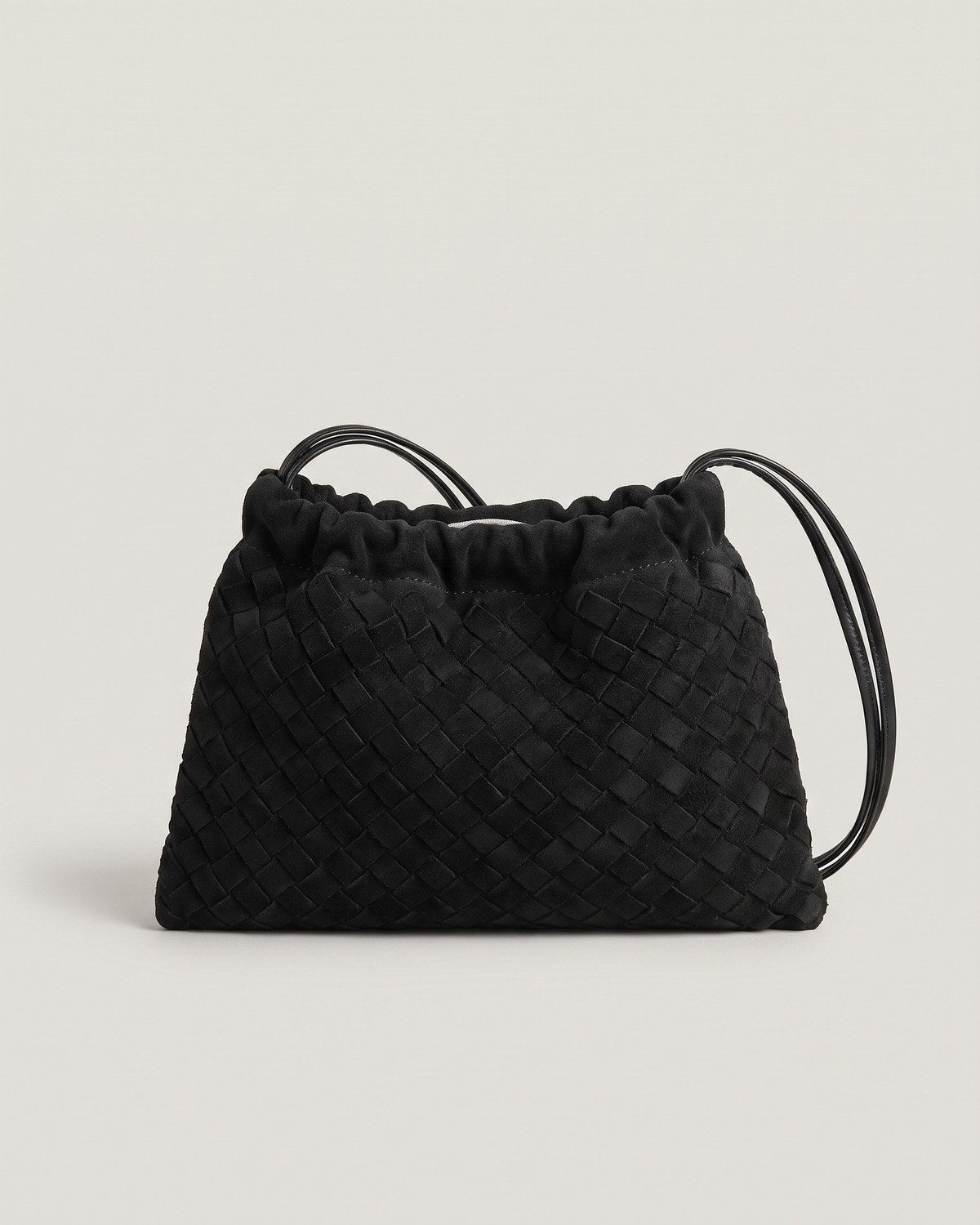 Wildfool The Mantova Drawstring Pouch in Black, black woven suede-finish drawstring pouch, shoulder or crossbody