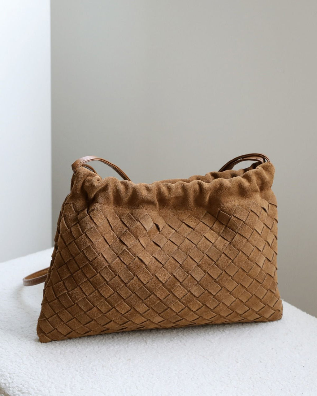 Wildfool The Mantova Drawstring Pouch in Caramel, three-quarter view