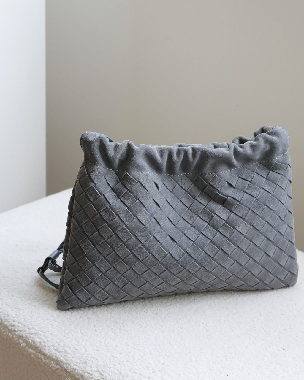 Wildfool The Mantova Drawstring Pouch in Grey, three-quarter view