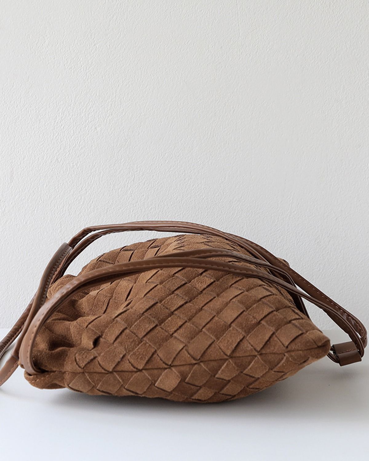 Wildfool The Mantova Drawstring Pouch in Caramel, pulled shut, side view