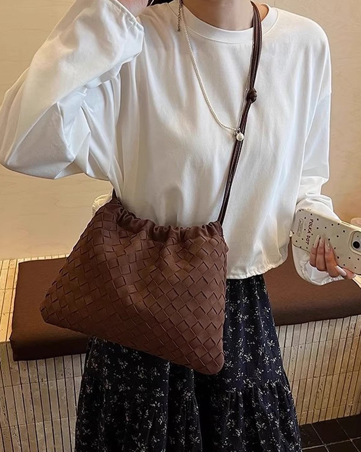 Wildfool The Mantova Drawstring Pouch, worn crossbody, close up