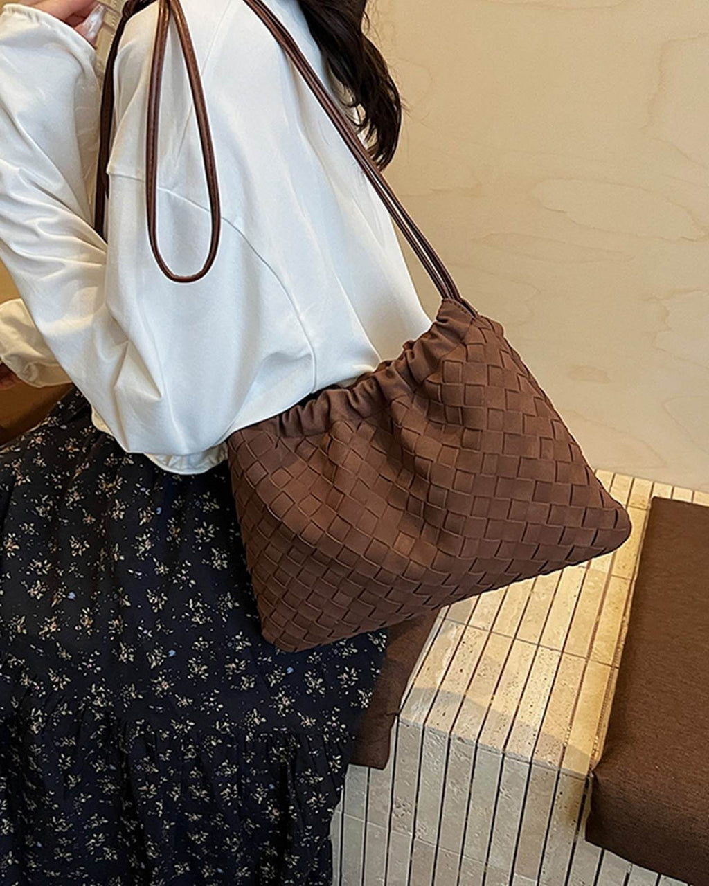 Wildfool The Mantova Drawstring Pouch, worn crossbody over a white shirt