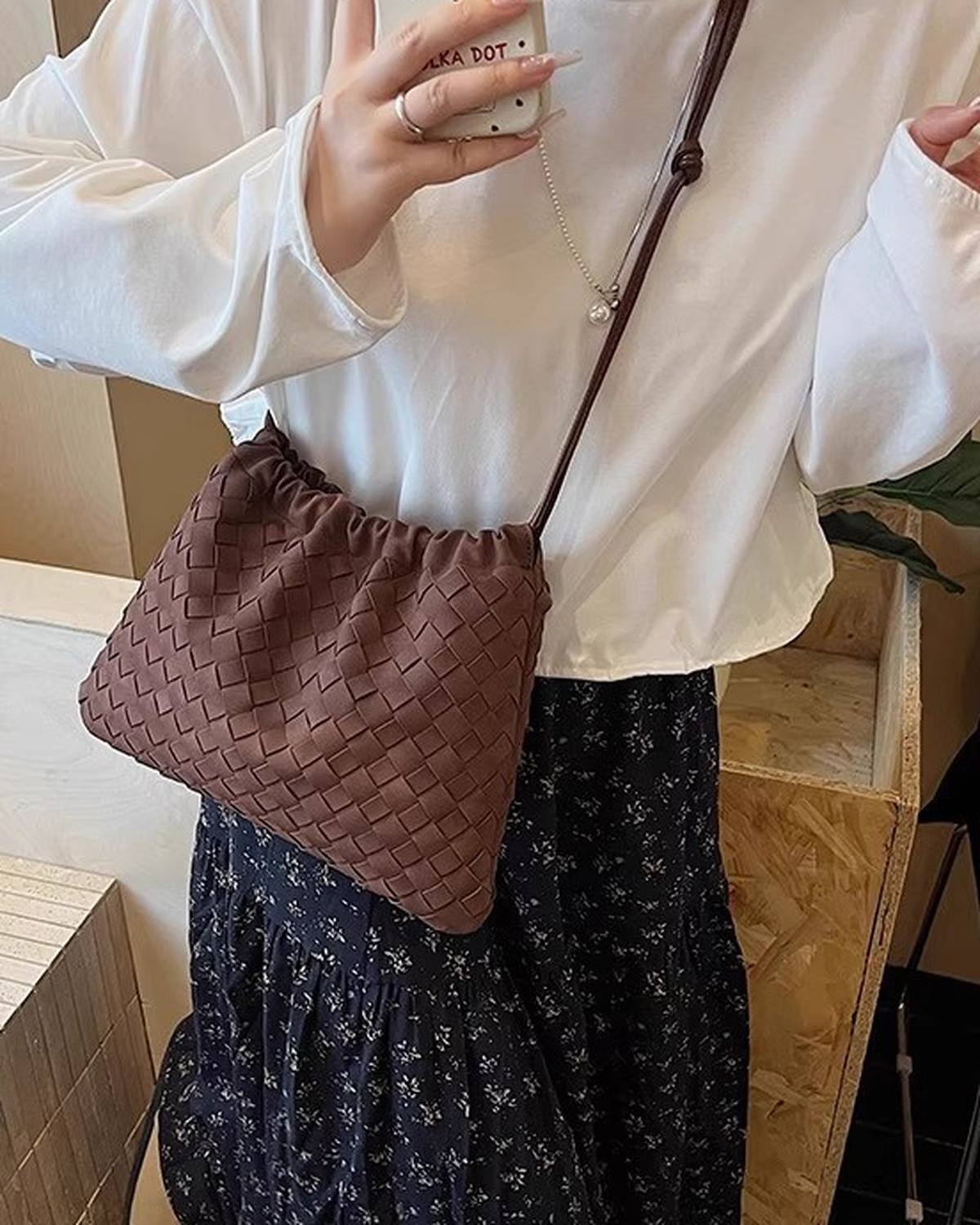 Wildfool The Mantova Drawstring Pouch, worn crossbody, front view
