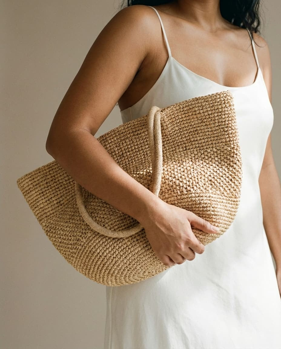 Wildfool The Laizhou Artisan Basket in Undyed Natural - Zoom View - Premium Woven Raffia, Generous Capacity