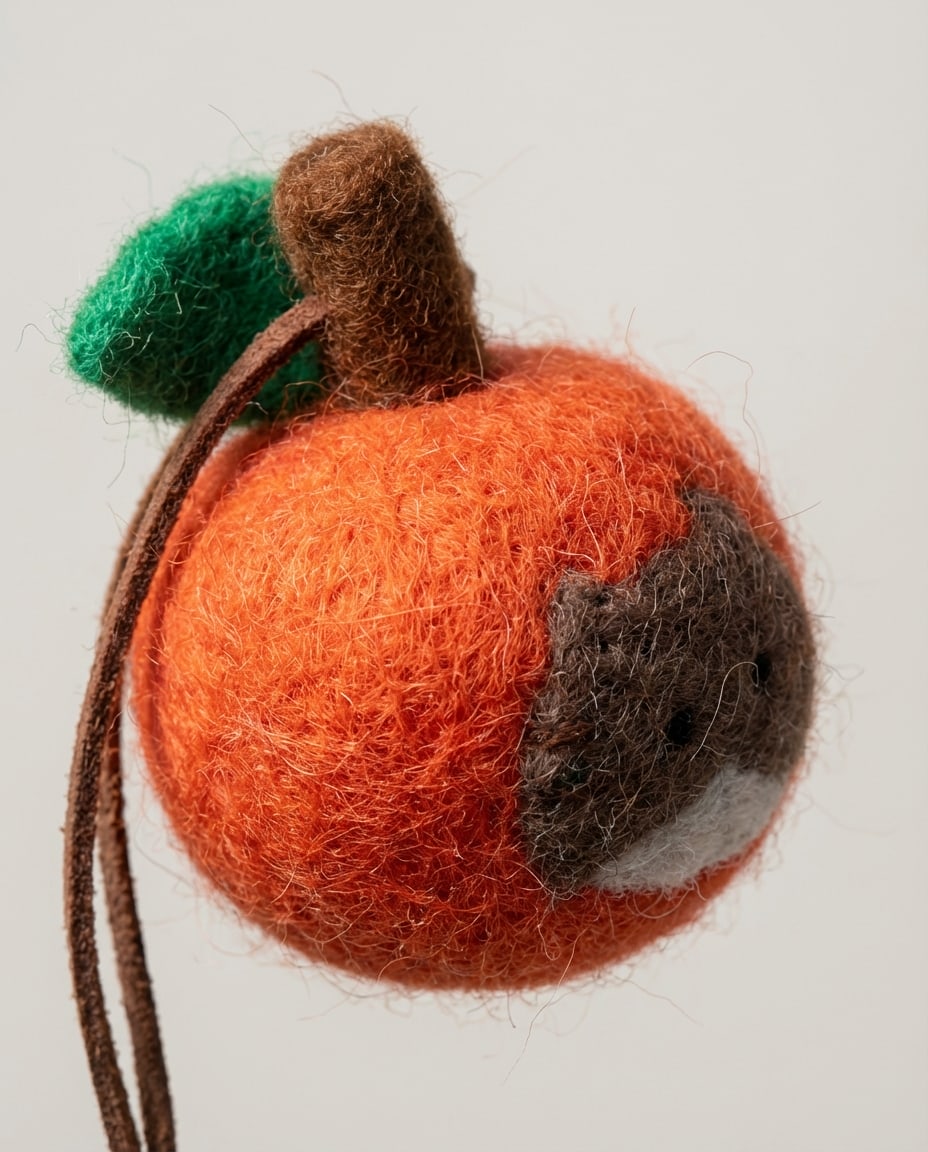 Wildfool Wool Felt Aroma Tag in Burnt Orange - Front View - 100% Wool Felt Body, Leather Strap, Hand-Felted Fruit Charm