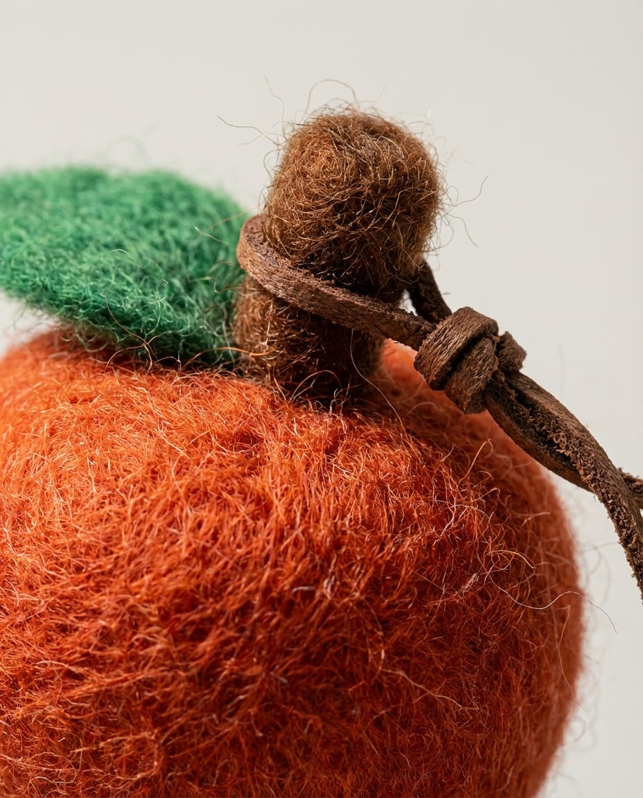 Wildfool Wool Felt Aroma Tag in Burnt Orange - Front View - 100% Wool Felt Body, Leather Strap, Hand-Felted Fruit Charm