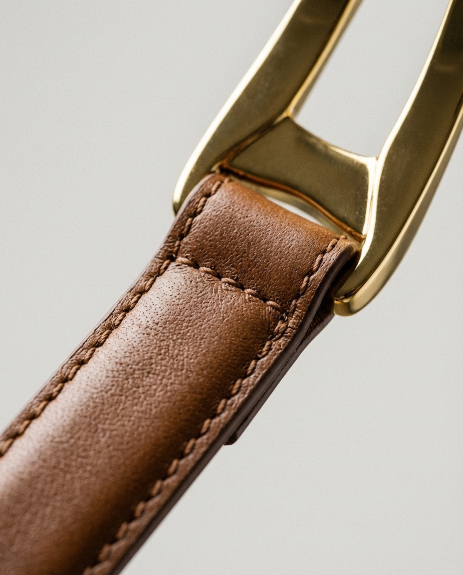 Wildfool Slide-Adjustable Leather Belt in Caramel - Zoom View - Infinite Fit Waist Cinch with Punch-Free Mechanism