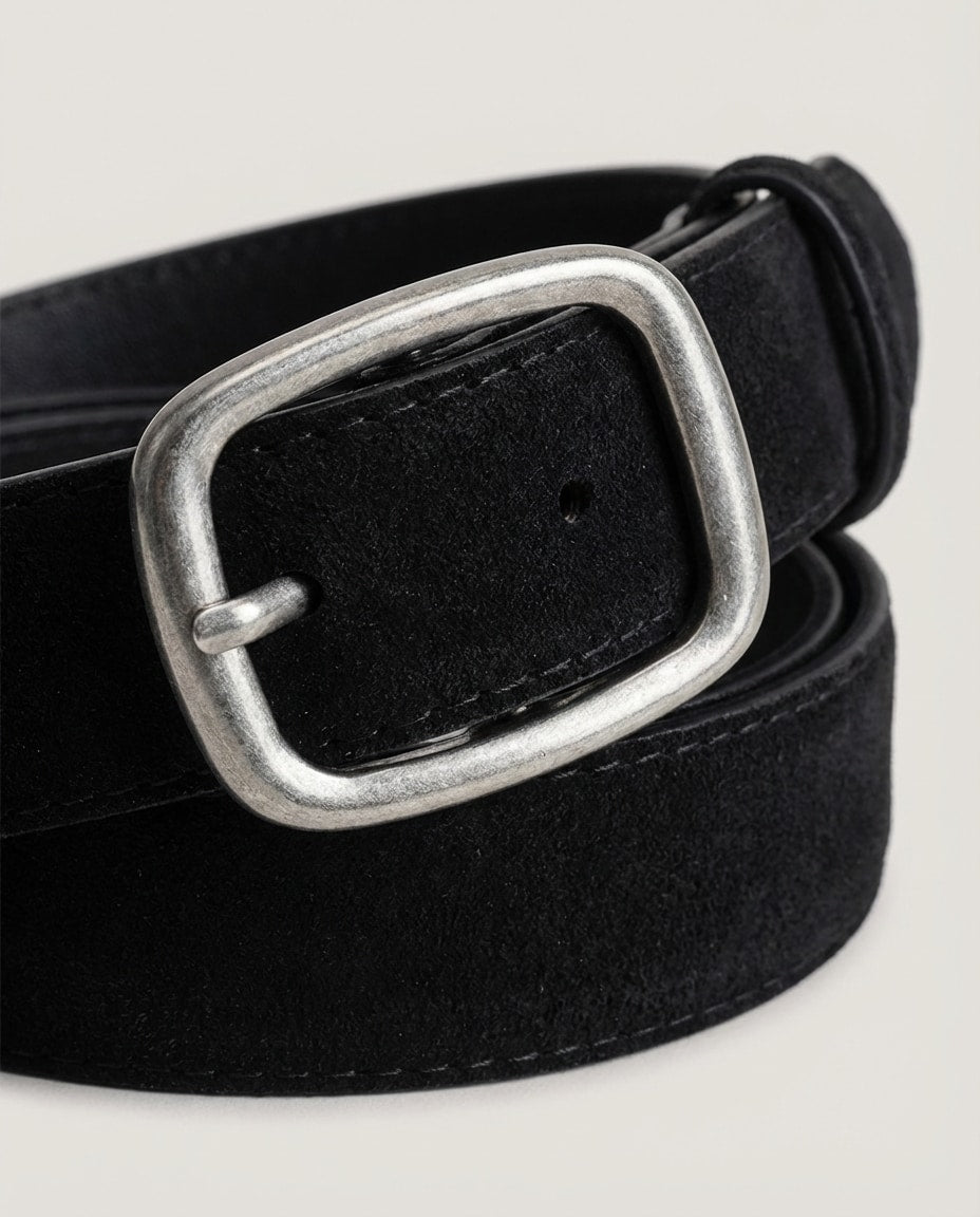 Wildfool The Heritage Suede Belt in Midnight Black - Zoom View - 100% Genuine Cowhide Suede Finish