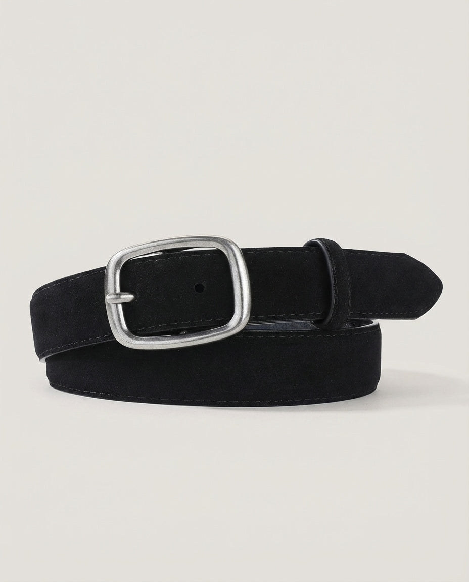 Wildfool The Heritage Suede Belt in Midnight Black - Zoom View - 100% Genuine Cowhide Suede Finish
