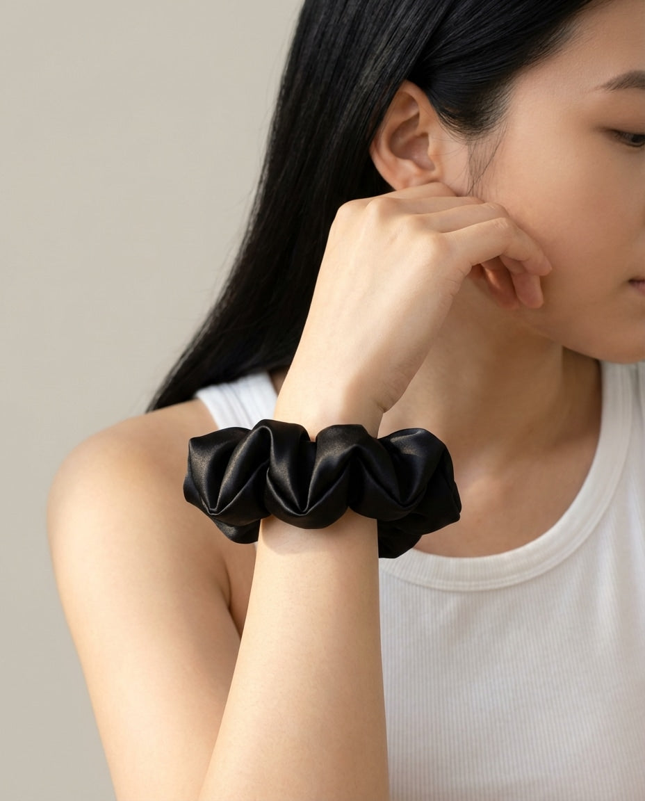 Wildfool 30-Momme Silk Cloud Scrunchie in Midnight Black - Zoom View - 100% Mulberry Silk, Anti-Breakage Design