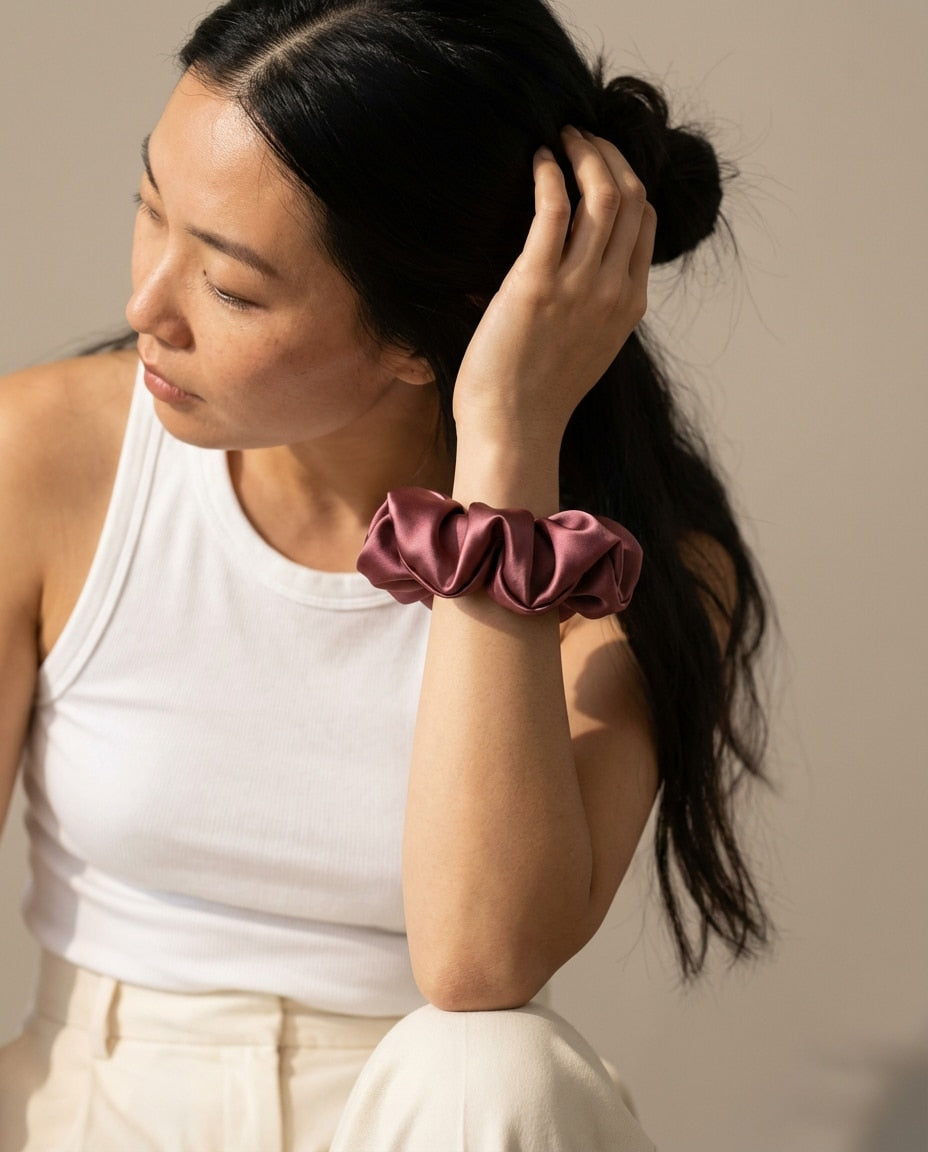 Wildfool 30-Momme Silk Cloud Scrunchie in Dark Rose - Zoom View - 100% Mulberry Silk, Anti-Breakage Design