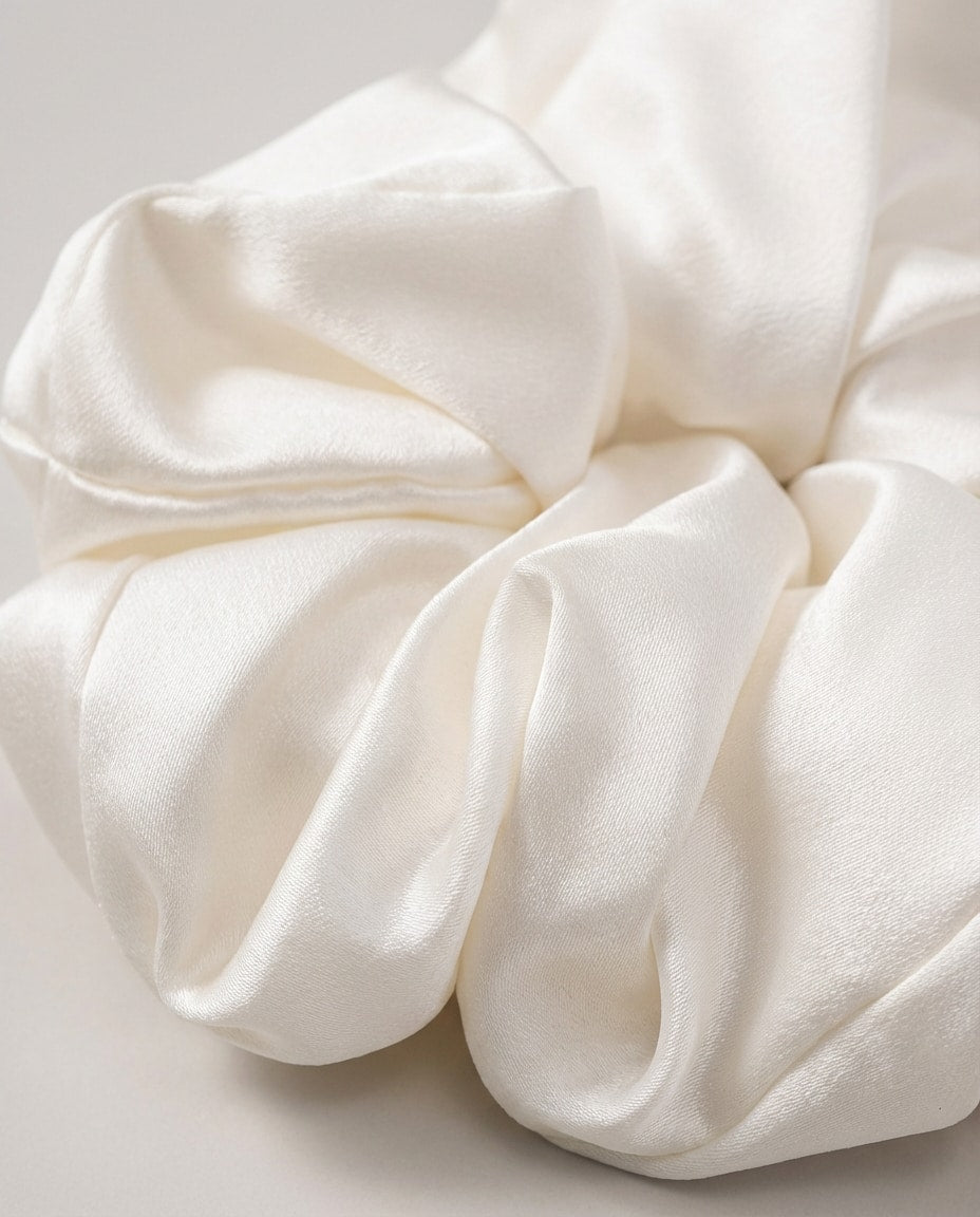Wildfool 30-Momme Silk Cloud Scrunchie in Pearl White - Zoom View - 100% Mulberry Silk, Anti-Breakage Design