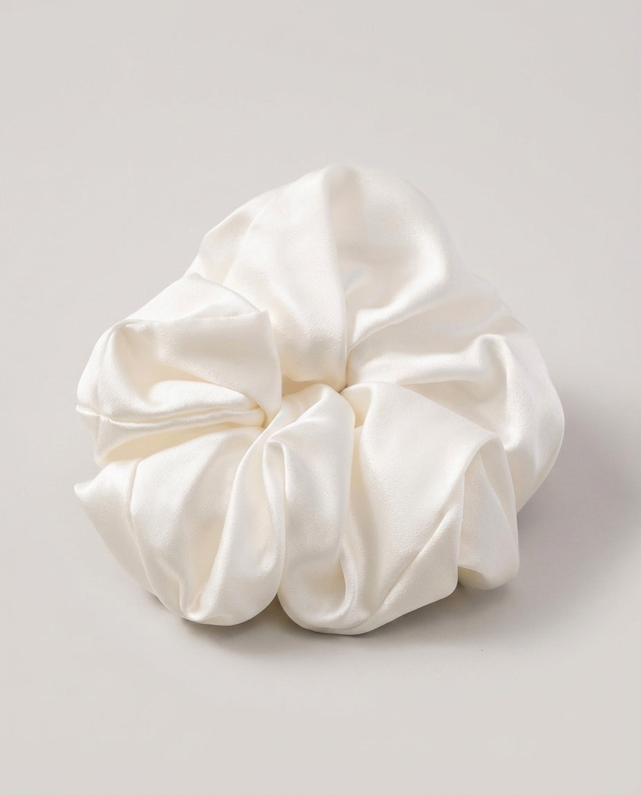 Wildfool 30-Momme Silk Cloud Scrunchie in Pearl White - Zoom View - 100% Mulberry Silk, Anti-Breakage Design