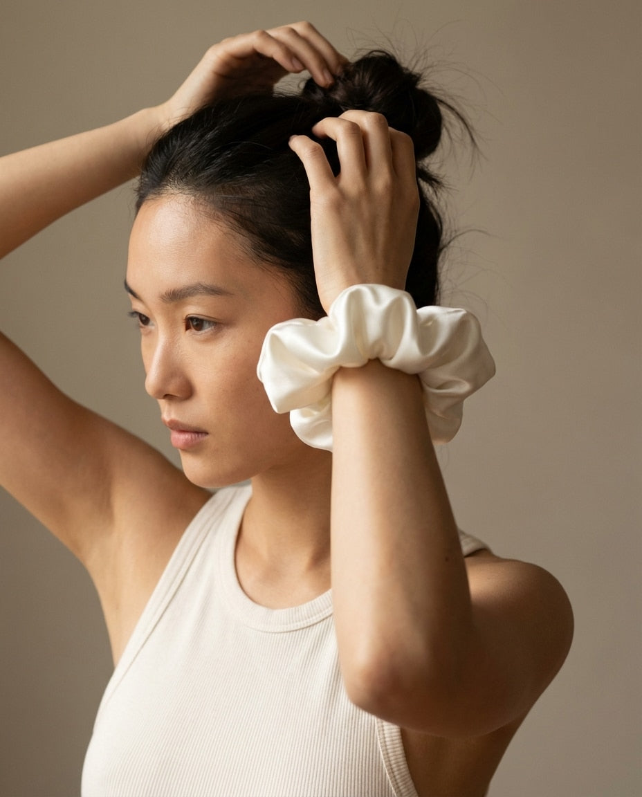 Wildfool 30-Momme Silk Cloud Scrunchie in Pearl White - Zoom View - 100% Mulberry Silk, Anti-Breakage Design