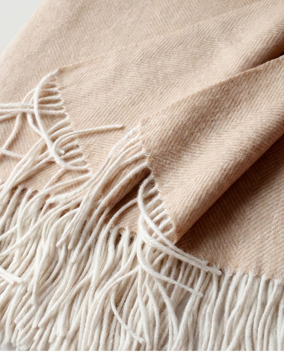 Wildfool Herringbone Cashmere-Blend Throw in Oatmeal Beige - Zoom View - 10% Cashmere, 90% Lambswool, 800g Soft-Touch Sanctuary