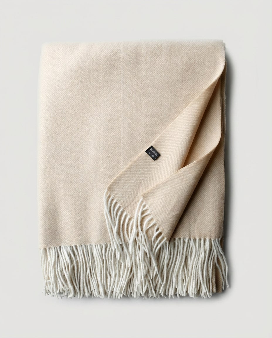 Wildfool Herringbone Cashmere-Blend Throw in Oatmeal Beige - Zoom View - 10% Cashmere, 90% Lambswool, 800g Soft-Touch Sanctuary