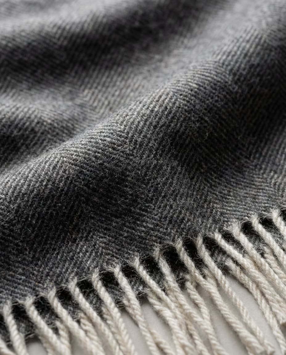 Wildfool Herringbone Cashmere-Blend Throw in Charcoal Grey - Zoom View - Herringbone Weave, 800g Soft-Touch Sanctuary
