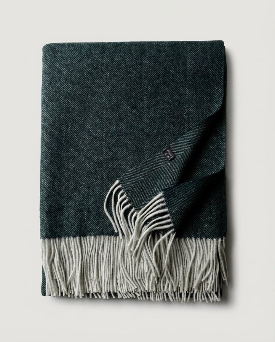 Wildfool Herringbone Cashmere-Blend Throw in Pine Green - Zoom View - 10% Cashmere, 90% Lambswool, Herringbone Weave