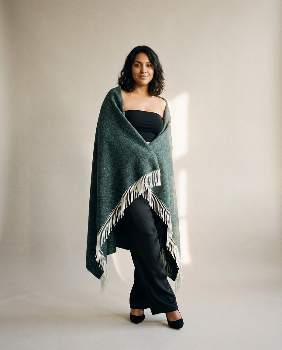 Wildfool Herringbone Cashmere-Blend Throw in Pine Green - Zoom View - 10% Cashmere, 90% Lambswool, Herringbone Weave