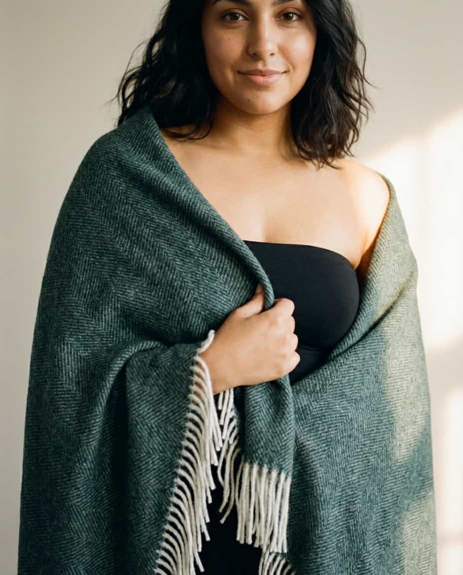 Wildfool Herringbone Cashmere-Blend Throw in Pine Green - Zoom View - 10% Cashmere, 90% Lambswool, Herringbone Weave