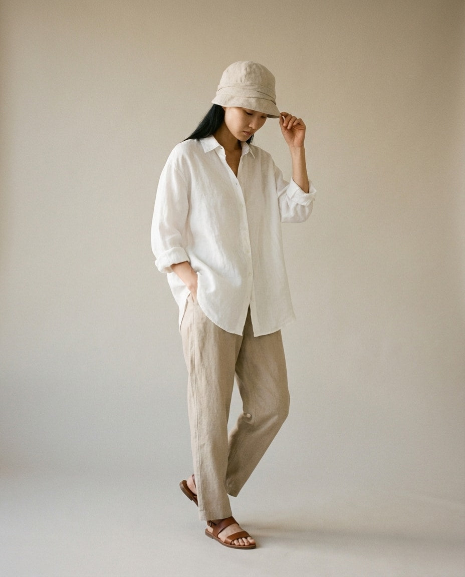 Wildfool 100% Linen Packable Bucket Hat in Oatmeal Beige - Lifestyle Photography - 100% Linen with Wire Brim, Fully Packable, Adjustable Fit