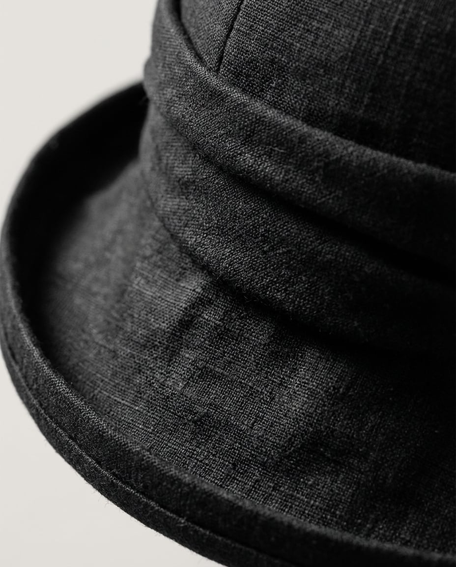 Wildfool The City Linen Bucket in Midnight Black - Zoom View - 100% Linen Structured Brim, Petite Profile
