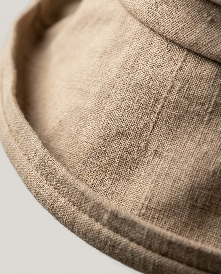 Wildfool The City Linen Bucket in Khaki - Zoom View - 100% Linen Structured Brim, Petite Profile