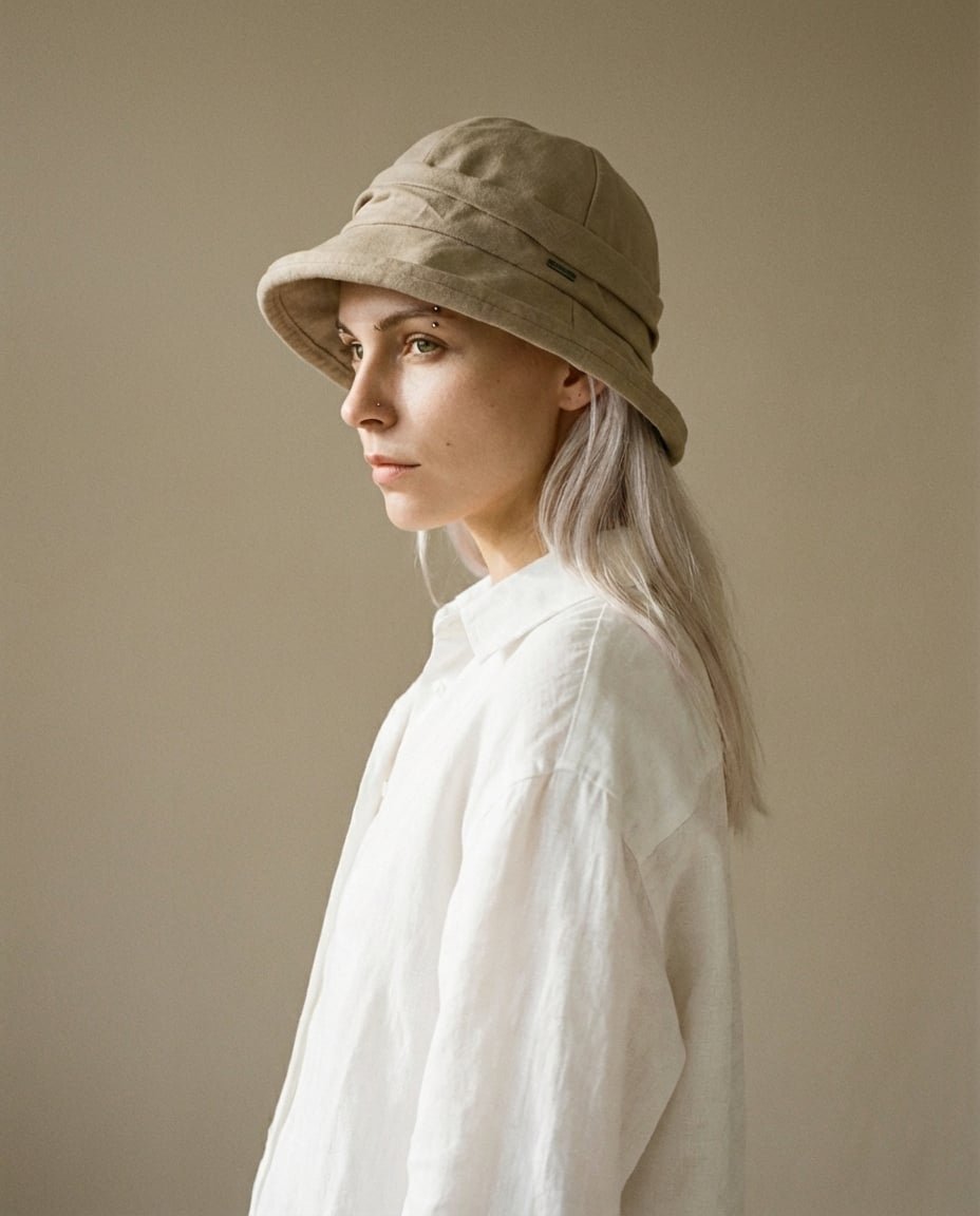 Wildfool rolled-brim linen hat worn with a silk blouse — flat lay styling